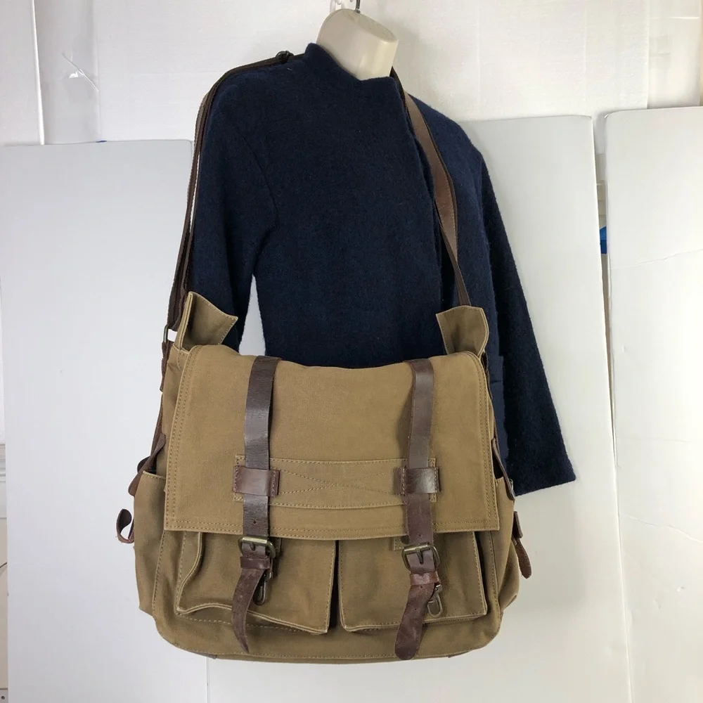 Rustic Town Men Brown Military Leather Canvas Messenger Bag L Shoulder Crossbody
